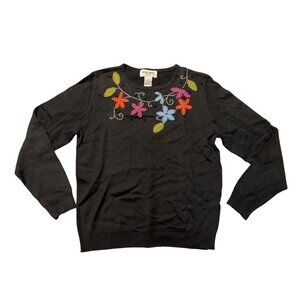 Alfred Dunner Black Sweater With Floral Embroidery & Beads Crew Neck Petite